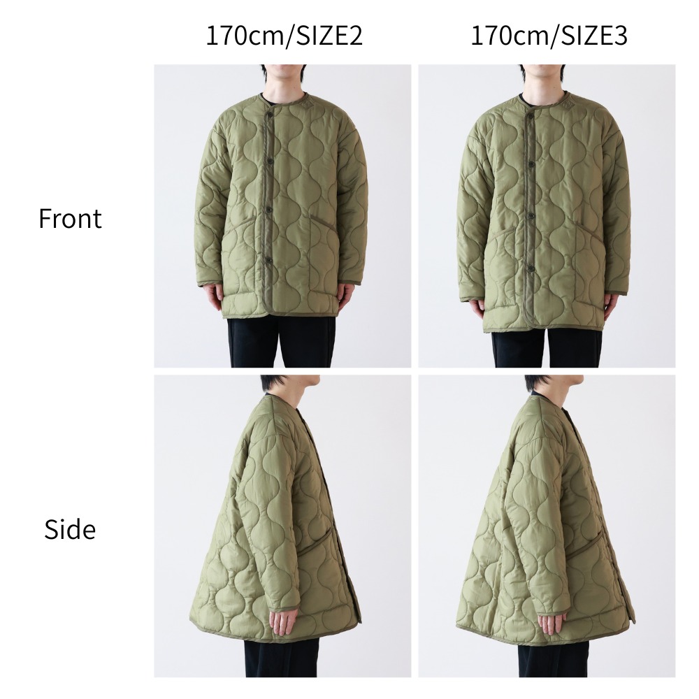 HYKE PARIGOT別注QUILTED LINER JACKETを170cmのスタッフがサイズ2と3で着用した正面・横の比較