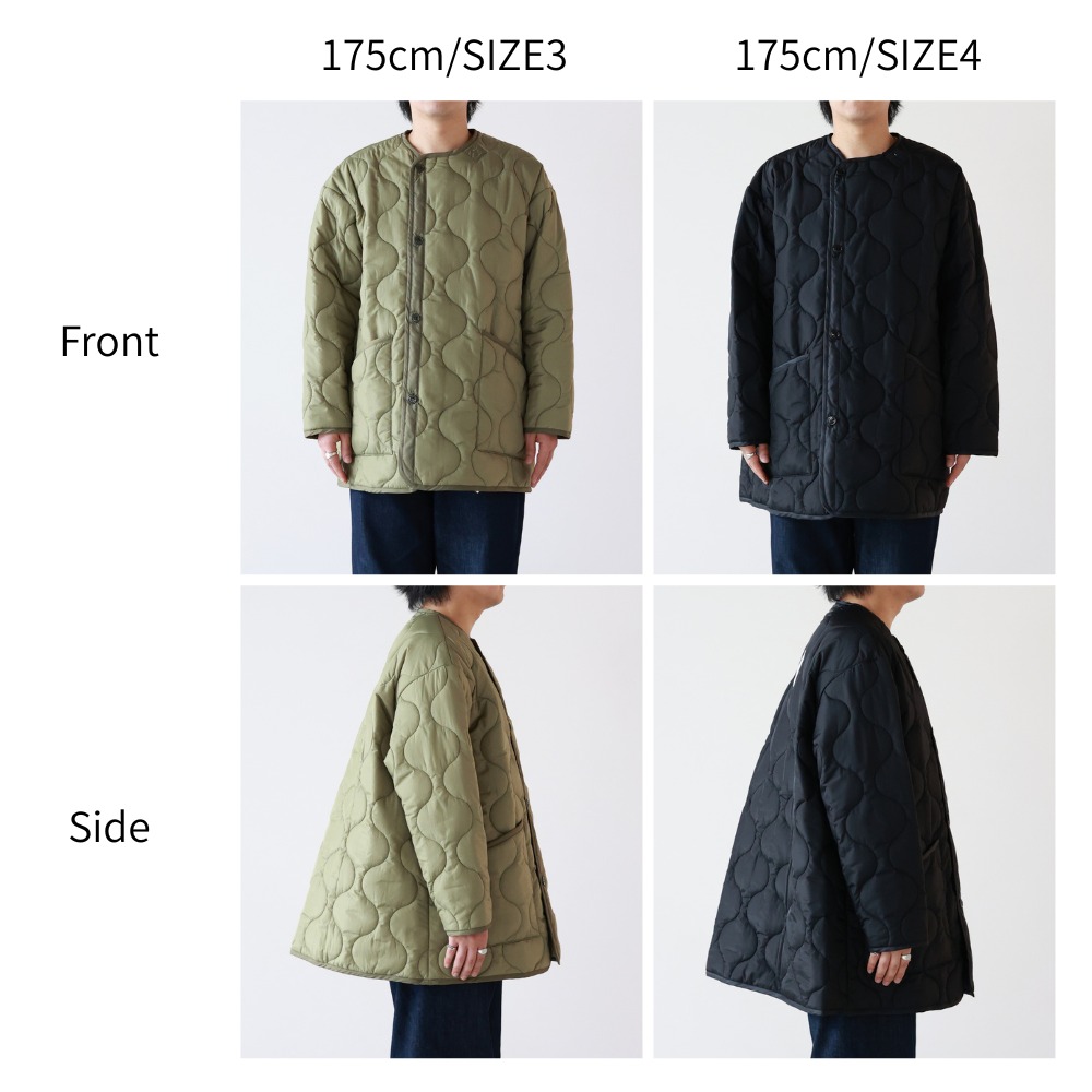 HYKE PARIGOT別注QUILTED LINER JACKETを175cmのスタッフがサイズ3と4で着用した正面・横の比較