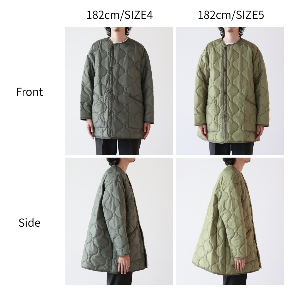 HYKE PARIGOT別注QUILTED LINER JACKETを182cmのスタッフがサイズ4と5で着用した正面・横の比較